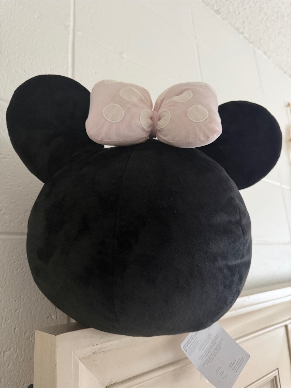 Pottery Barn Kids Black Plush Head Pillow with Light Pink Polka Dot Bow